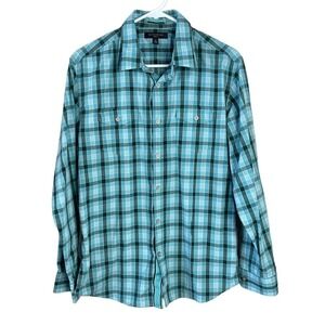 Banana Republic Mens Shirt M Slim Fit Blue Green Plaid Cotton Stretch Lg Sleeve‎